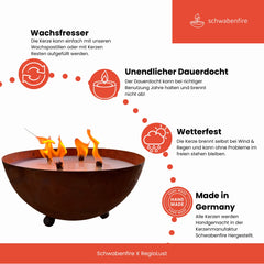 Schwabenfire XXL Outdoorkerze mit Dauerdocht in Edelrost Metallschale kerzendeko Geburtstagsgeschenk für Frauen große Outdoor