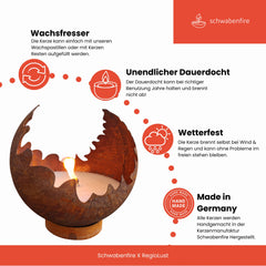 Schwabenfire Outdoor Kerze Edelrost Feuerkugel 30cm mit Dauerdocht Wachsfresser