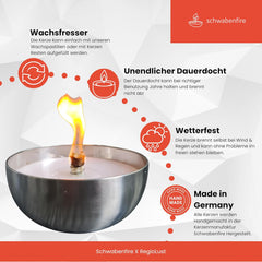 Schwabenfire Outdoor Kerze mit Dauerdocht in Edelstahl Schale Wachsfresser