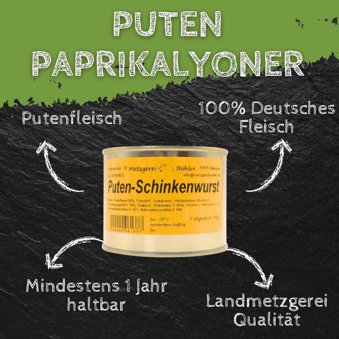 Puten Paprikalyoner 190g Dosenwurst Wurstkonserve Metzgerei Bühler Putenfleisch