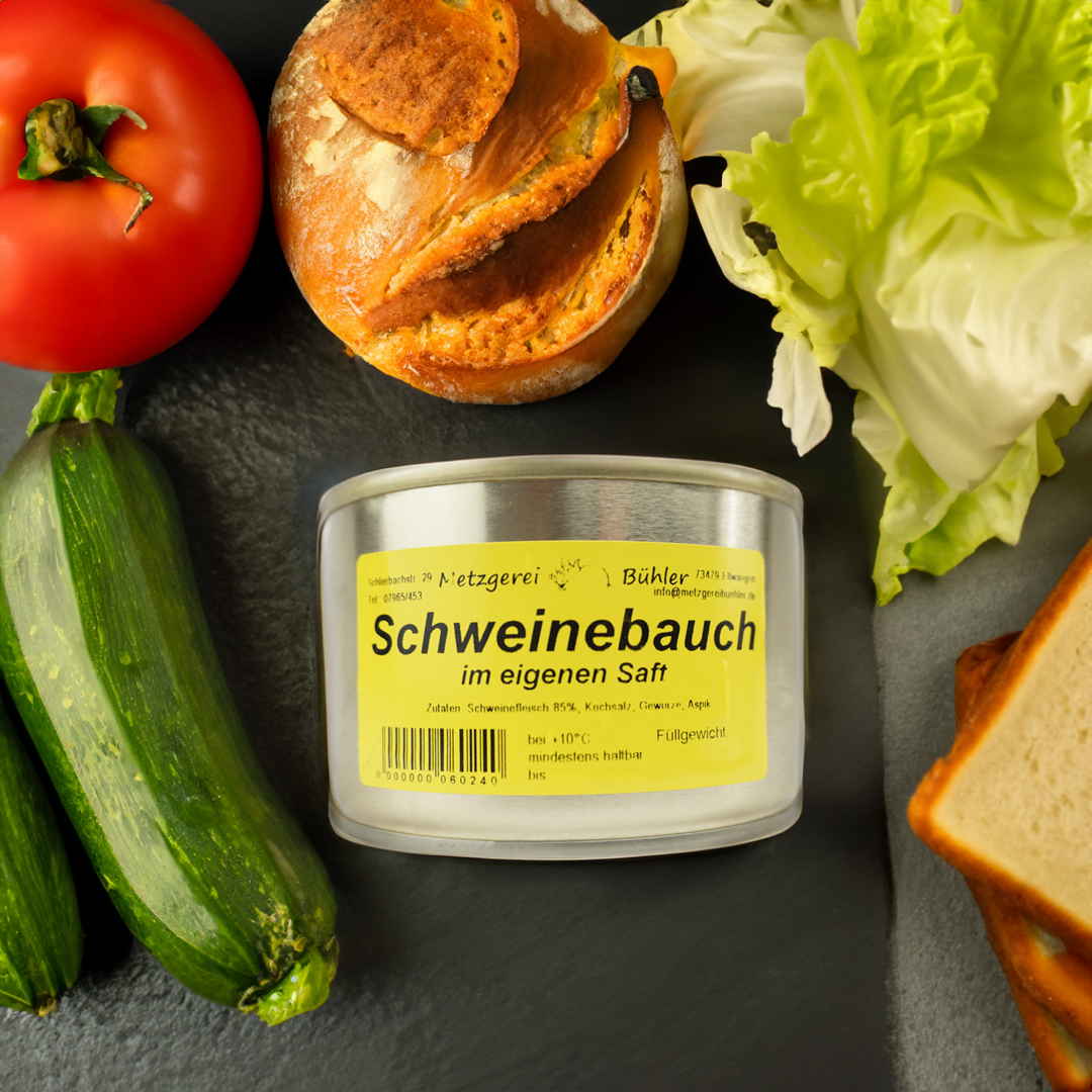 Schweinebauch im eigenen Saft Dosenwurst Wurstkonserve 300-400g Metzgerei Bühler