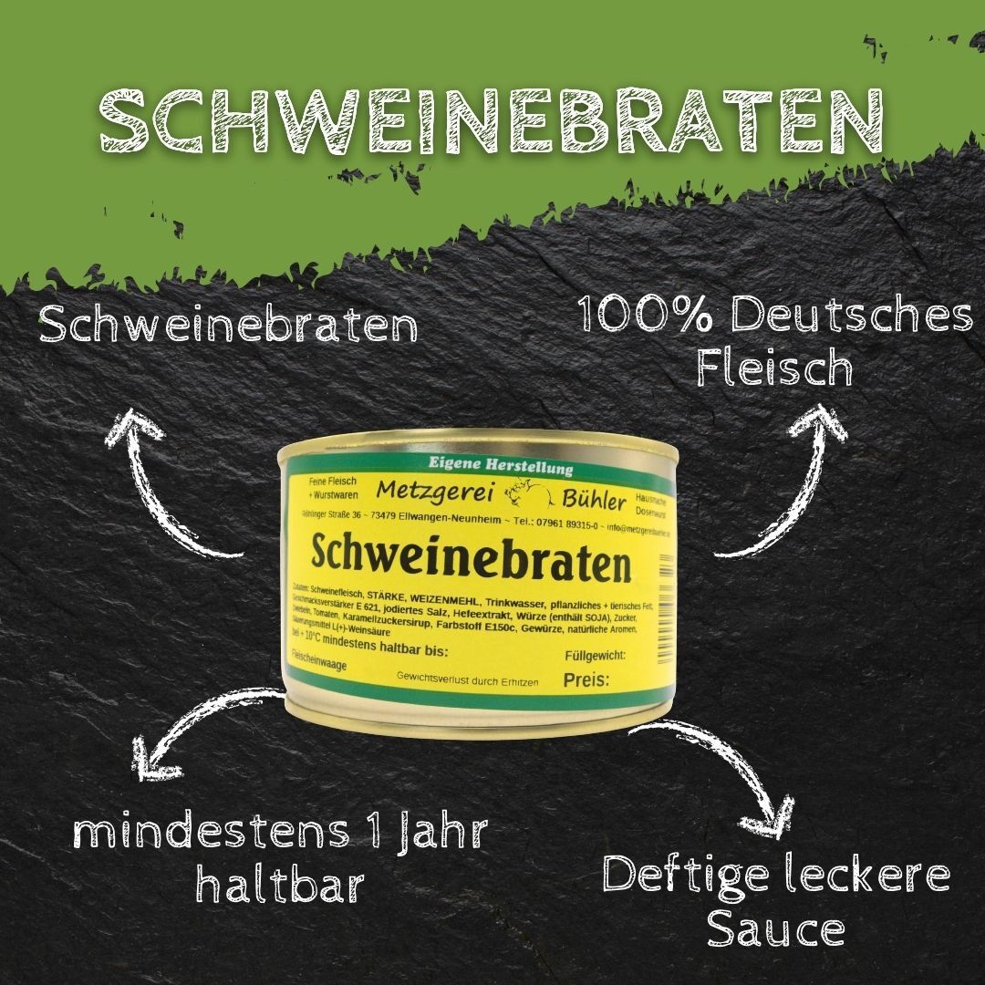 Schweinebraten mit Soße aus der Dose Fertiggericht Fleischkonserve 400g, 800g