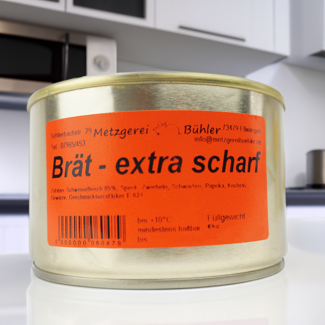 ️Brät Extra Scharf Dosenwurst 120g-400g - Wurstkonserve | Metzgerei Bühler