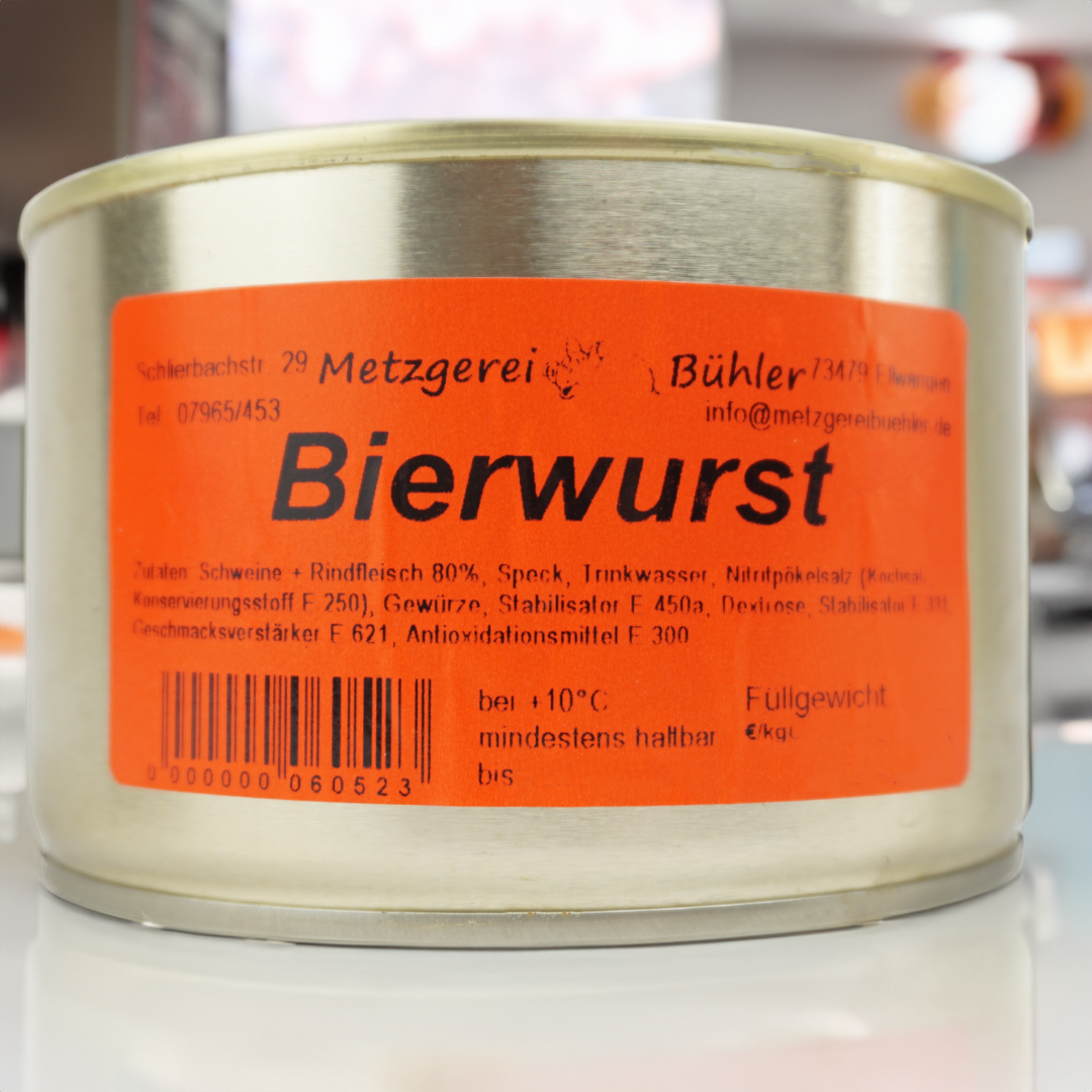 Bayrische Bierwurst Dosenwurst 190g-400g - Wurstkonserve | Metzgerei Bühler