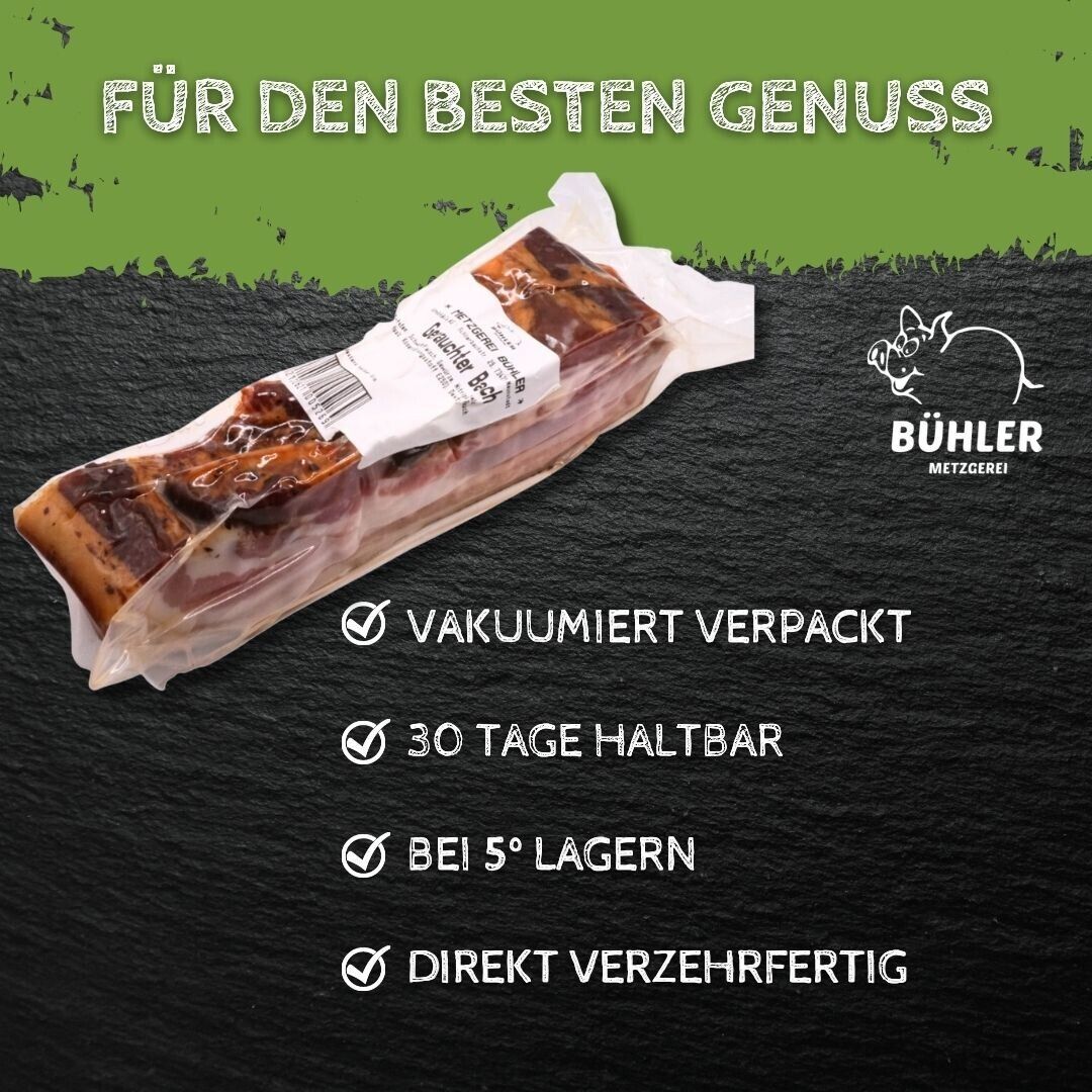 Bauchspeck geräucherter Schweinebauch gepökelt, gerauchter Bauch 400g am Stück