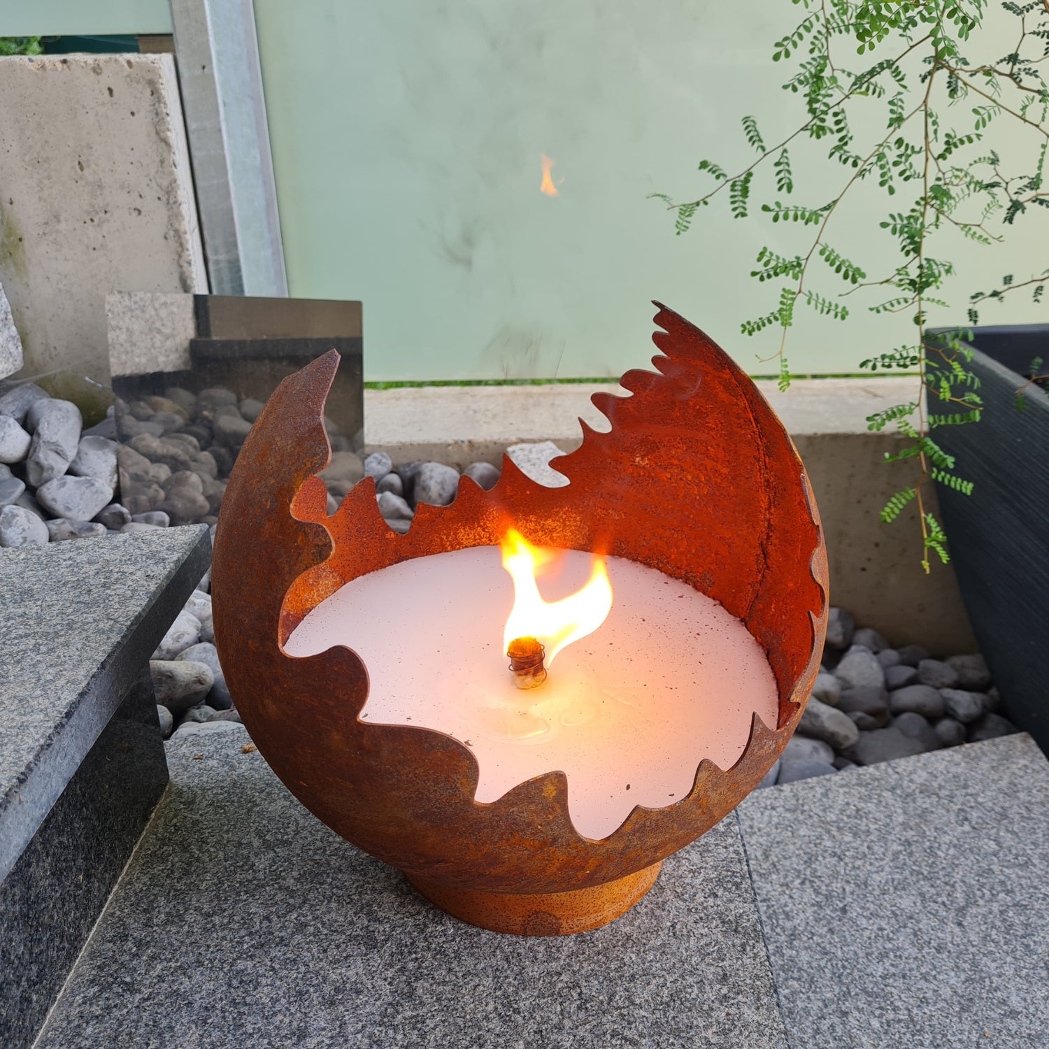 Schwabenfire Outdoor Kerze Edelrost Feuerkugel 30cm mit Dauerdocht Wachsfresser