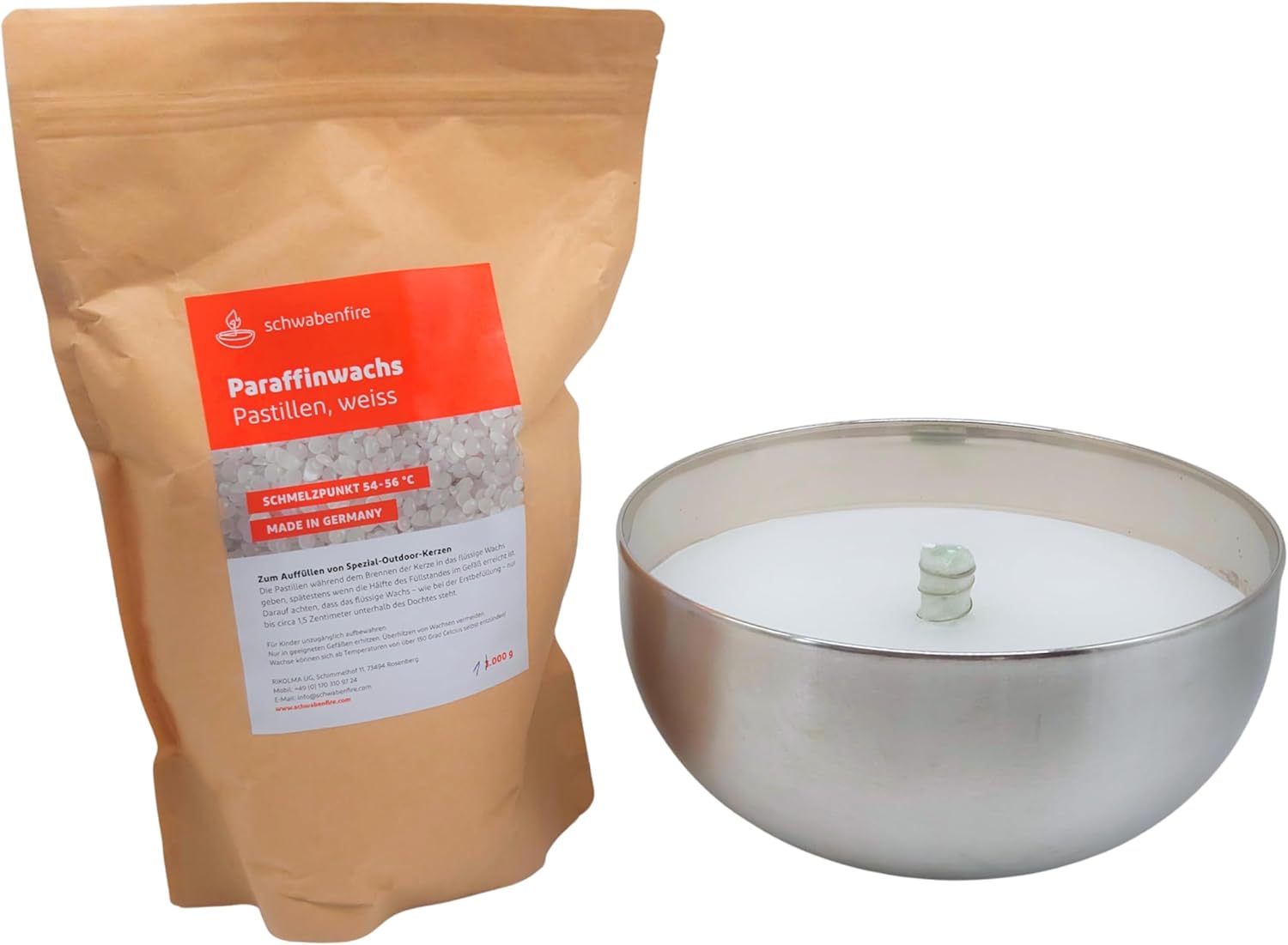 Schwabenfire Outdoor Kerze mit Dauerdocht in Edelstahl Schale Wachsfresser