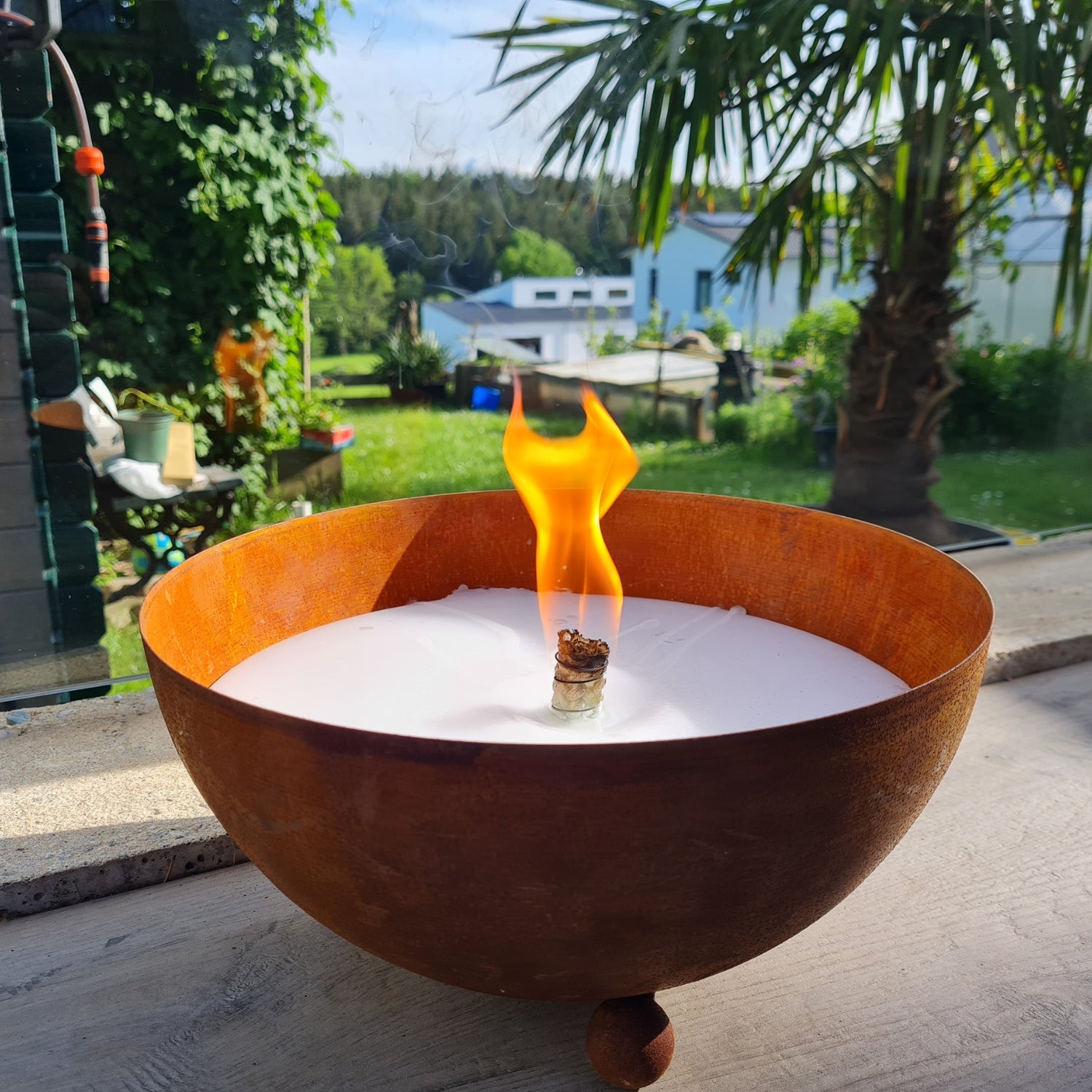 Schwabenfire Outdoorkerze mit Dauerdocht in Edelrost Metallschale Wied – RegioLust