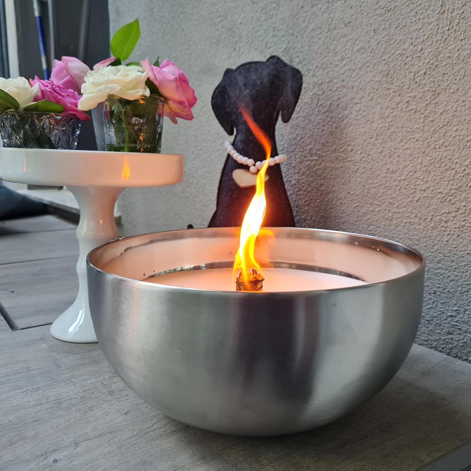 Schwabenfire Outdoor Kerze mit Dauerdocht in Edelstahl Schale Wachsfresser