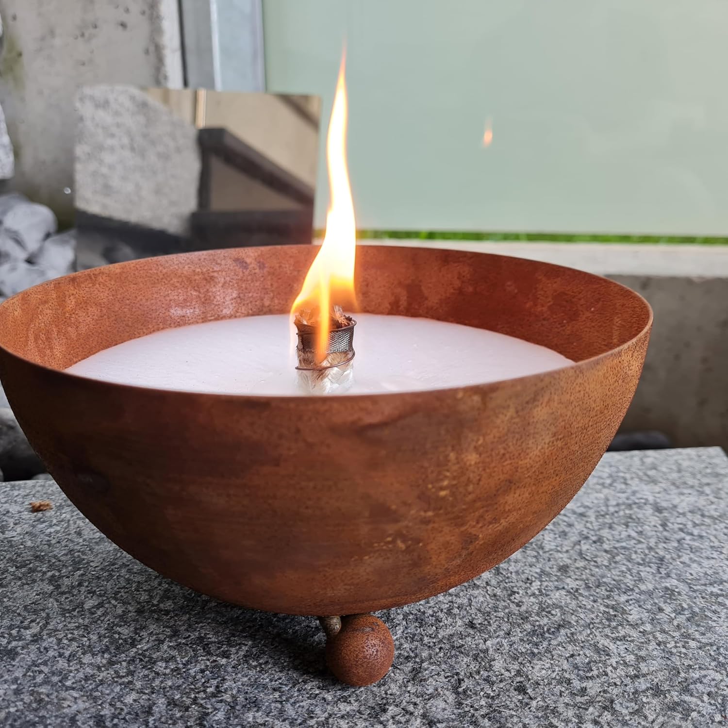 Schwabenfire Outdoor Kerze in Edelrost Schale mit Dauerdocht Wachsfresser
